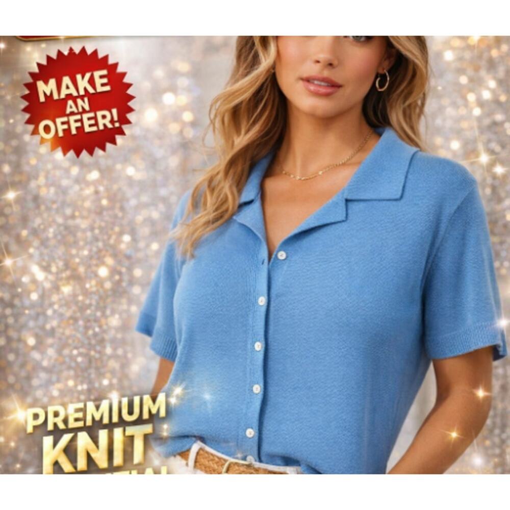 Van Heusen "For Her" VTG Blue Short Sleeve Knit Collard Blouse Women's Siz Small